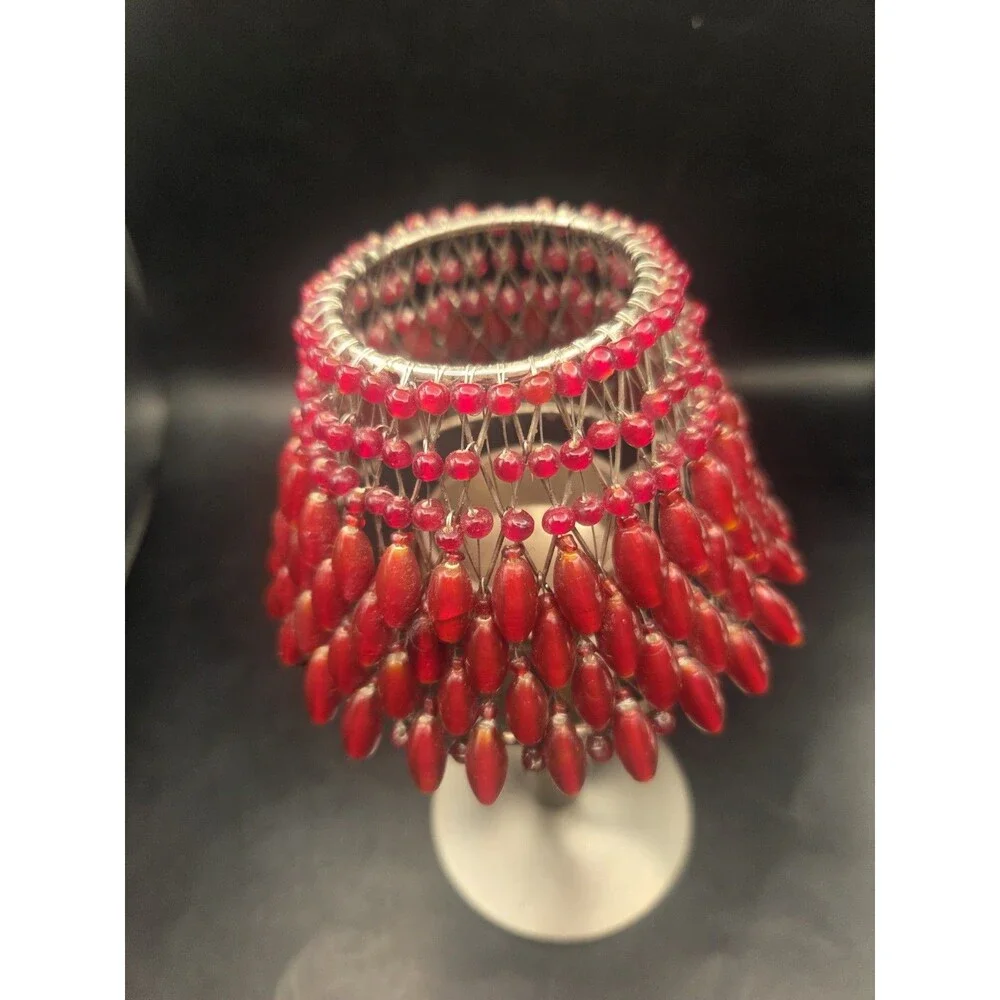 Vtg Pottery Barn Candle Holder Merlot Red Crimson Beaded Shade Fairy Light Lamp
